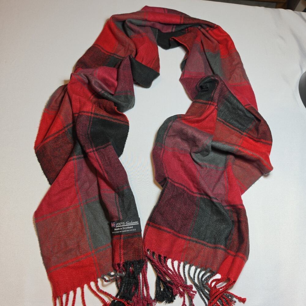 Scarf Made In Scotland Red Gray Black Maroon Tartan Soft 100% Cashmere Fringe